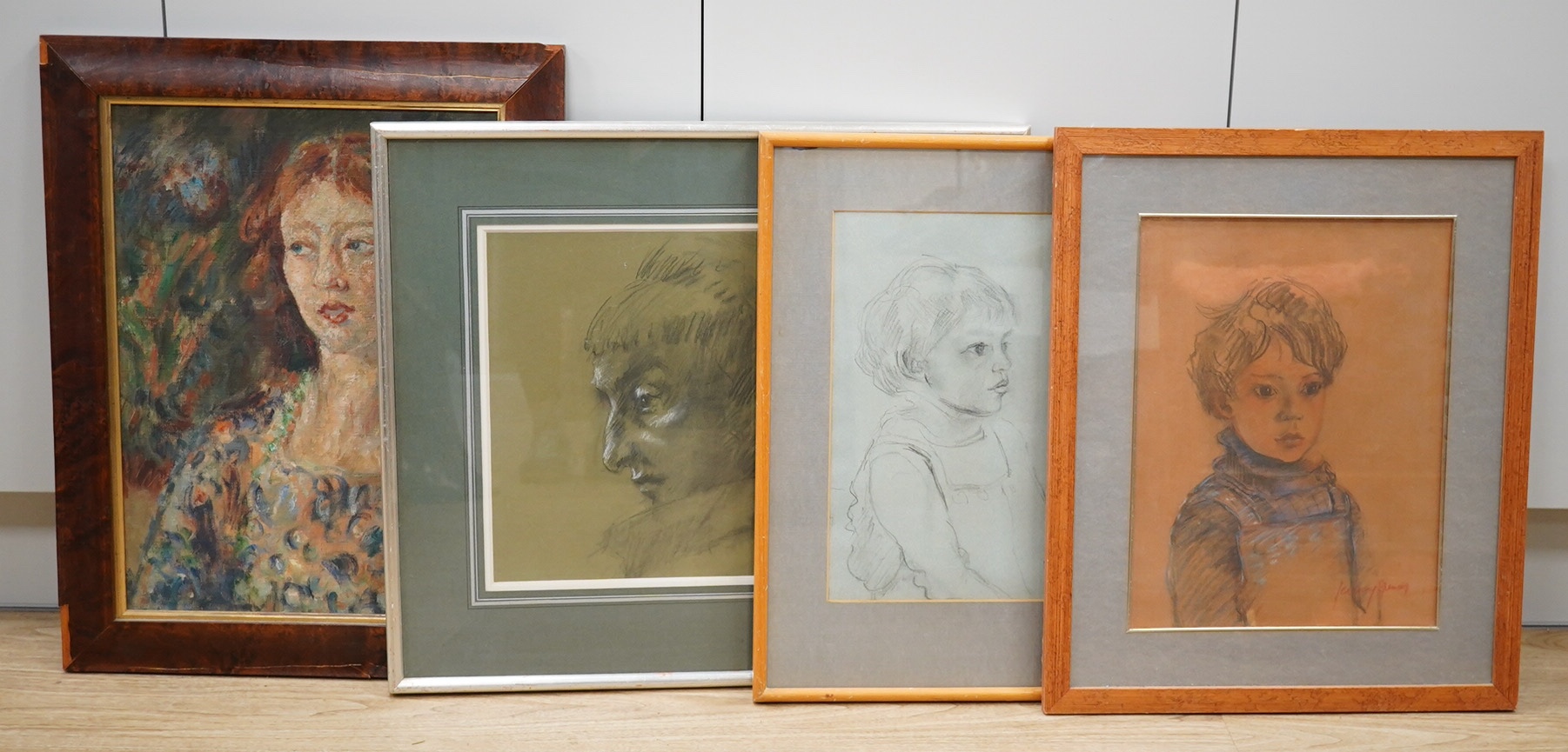 Jenny Spencer, four mixed media’s and an oil on canvas, portraits to include a young boy, three signed, one with label verso, largest 49 x 35cm. Condition - fair to good